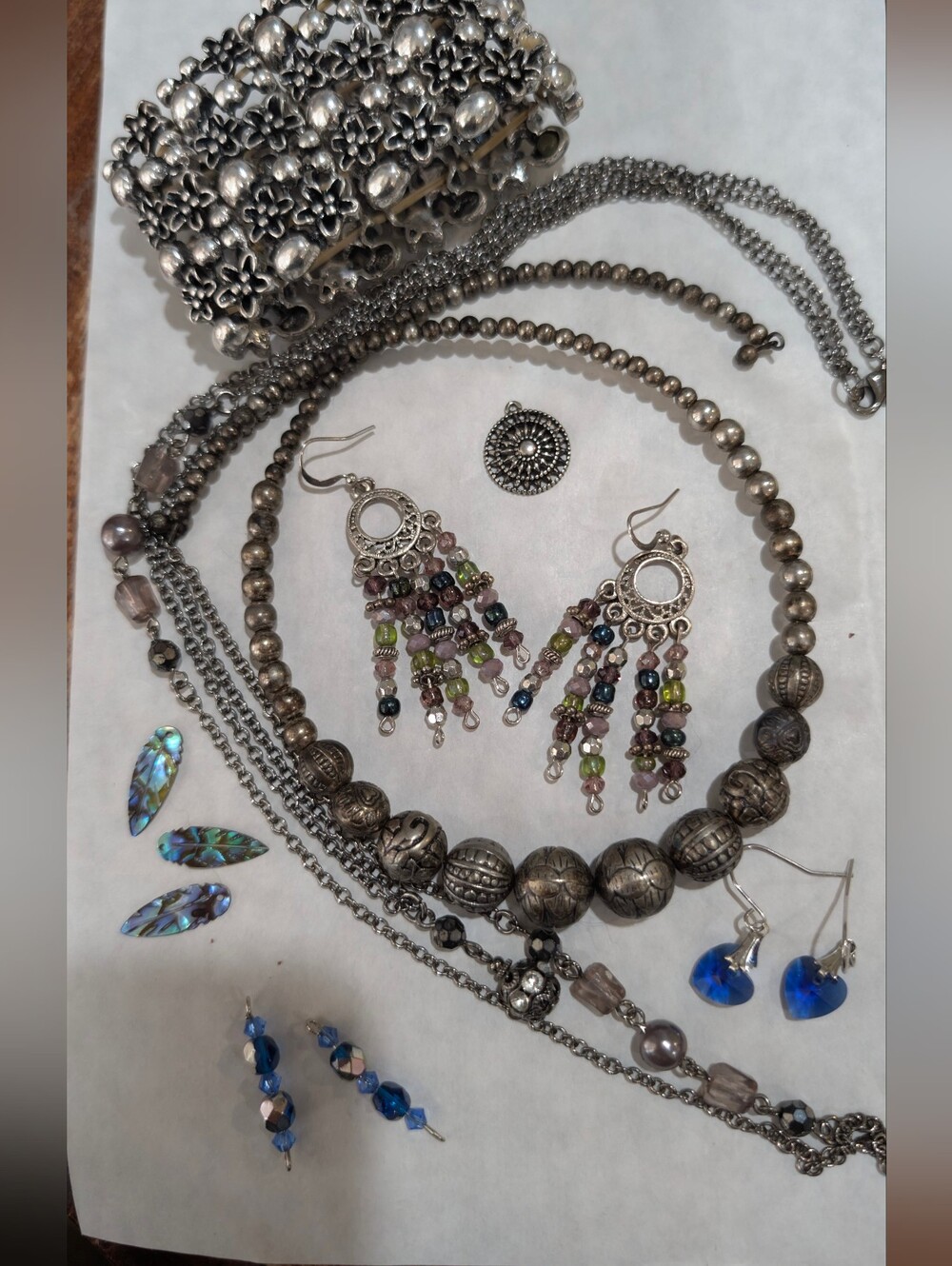 Silver-Tone Beaded Necklace and Multicolor Dangle Earrings Set